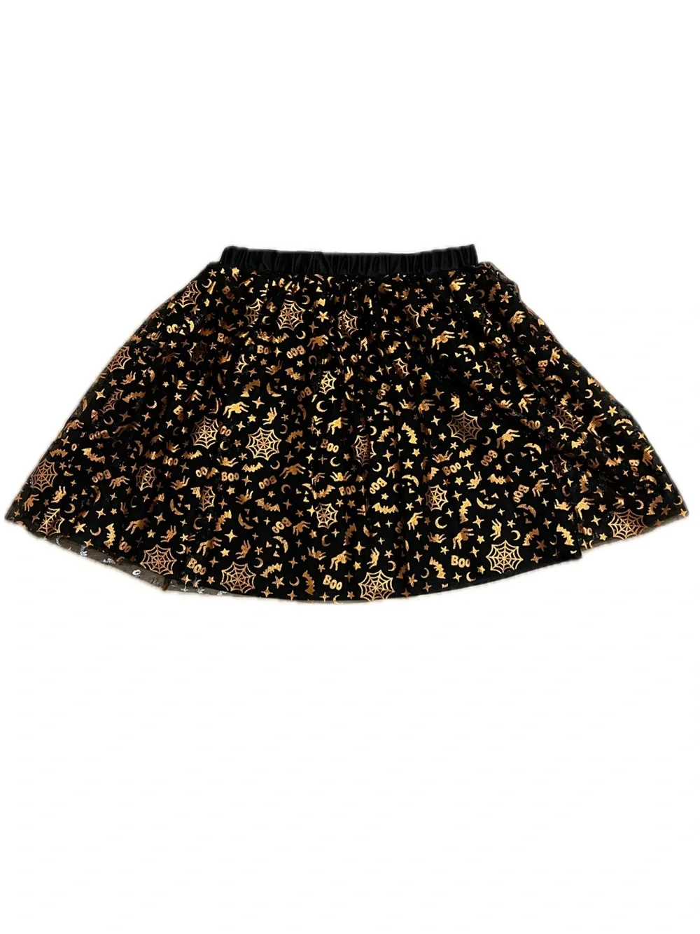 wonder nation | Black Skater Skirt with Metallic Gold Halloween Motifs Sz L